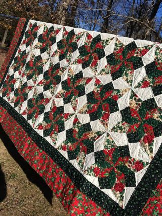 Vintage Hand Quilted Christmas Red Green White Patchwork Cotton Quilt 83 " X 84 "