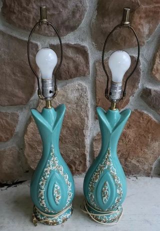Vtg Art Deco Mid Century Modern Teal With Gold Table Lamp Pair 27 "