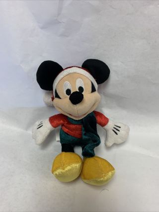 Disney Mickey Mouse Christmas 10 " Plush Bean Bag Santa Hat Green Scarf