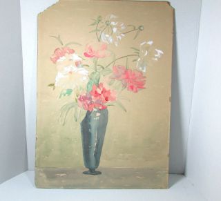 Vintage 15 X 21 Painting Pink White Flowers In Blue Vase Signed C.  1939