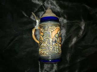 Antique Blue Brown German Made Gerzit Beer Stein With Lid 19cm Tall