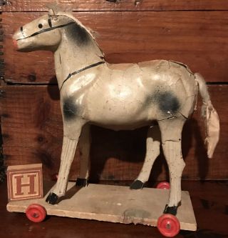Antique Pull Toy Stick Leg Paper Mache Horse Platform Red Tin Wheels Aafa