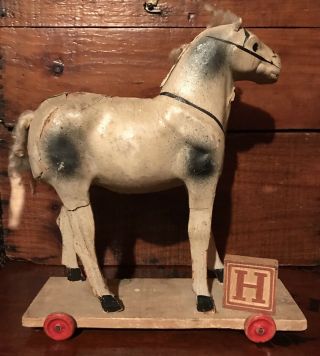 Antique Pull Toy Stick Leg Paper Mache Horse Platform Red Tin Wheels AAFA 2