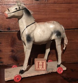 Antique Pull Toy Stick Leg Paper Mache Horse Platform Red Tin Wheels AAFA 3