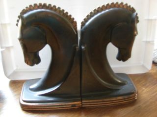 Vintage 1930s Art Deco Ray Dodge Trojan Cast Copper Horse Head Pair Book Ends