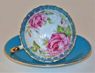 Vintage Aynsley Bone China Teacup Saucer Large Pink Cabbage Rose Turquoise Blue