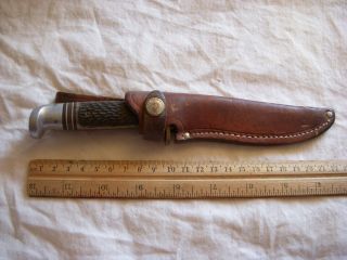 Western Usa Brown Fixed Blade Knife With Brown Leather Sheath