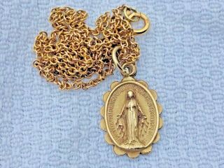 Vintage 10k Childs Miraculous Medal On 14” Chain 1940s - 50s