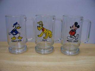 Walt Disney Vintage Mickey Mouse,  Donald Duck,  Pluto Glass Mugs