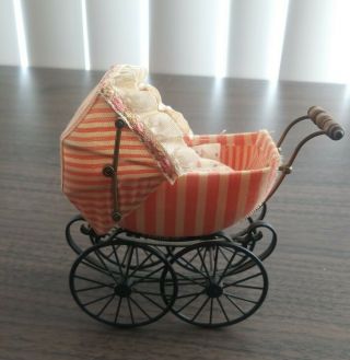 Rare Bodo Hennig Dollhouse Miniature Baby Carriage Stroller Pram Pink & White