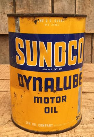 Vintage 1 Qt Sunoco Dynalube Motor Oil Tin Can Gas Service Station
