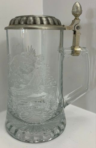 James Meger German Glass Bald Eagle Etched Fine Pewter Lid Beer Stein 7 - 1/4 "