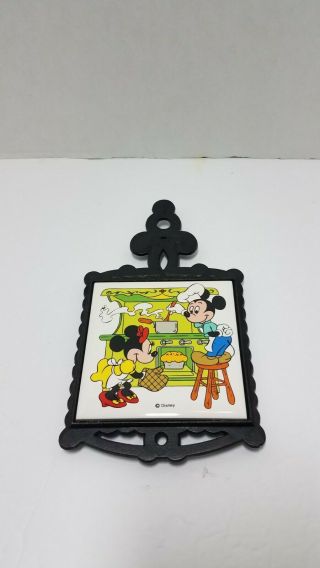 Vtg Walt Disney Productions Mickey & Minnie Mouse Trivet Cast Iron Ceramic 9 "