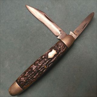 Vintage Winchester 2 Blade Pocket Knife Carbon Steel Bomb On Bone Handle 285