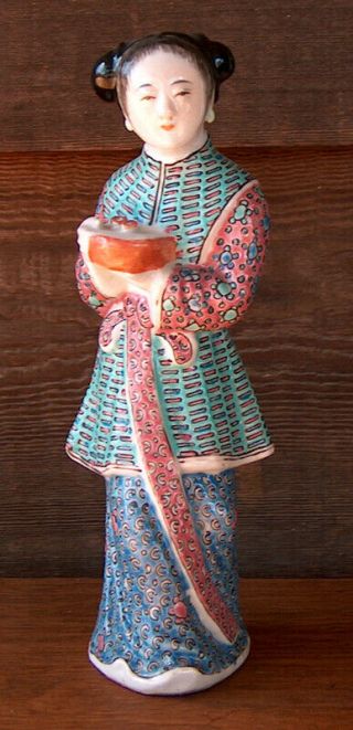 Vintage Antique Chinese Famille Rose Porcelain Enamel Woman Statue Figurine