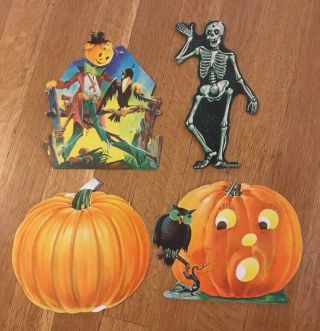 Vintage Dennison Die - Cut Paper Halloween Decorations Scarecrow Skeleton Pumpkin