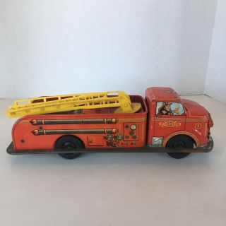 Vintage Marx Fire Truck Friction Toy Tin Litho Pressed Steel Bells Siren Ladder