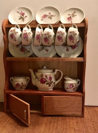 Vtg Child’s 22 Piece Porcelain Fine China Tea Set - Moss Rose - Wood Hutch - Japan
