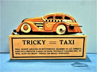 Vintage 1938 Marx Tricky Taxi Tin Lithograph Windup Toy Car 7108 With Key & Box
