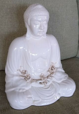 Vintage Large 14 " White Porcelain Sitting Buddha Statue Figurine With Flowers