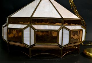 VTG Tiffany Style Slag Glass SWAG Lamp Chandelier Leaded Panel White Brown Ivory 2