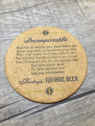 Vintage Barbey’s Sunshine Beer Coaster Incomparable 4.  25 Inch Reading Pa