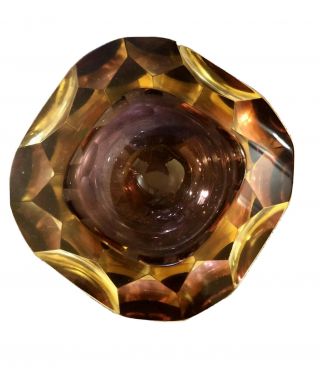 Vintage 1960’s Mcm Murano Sommerso Faceted Geode Bowl Amethyst/amber