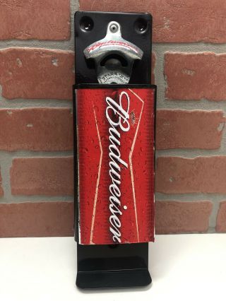 Vintage Budweiser Bottle Opener W Magnetic Cap Catcher Red Black Wall Mounted
