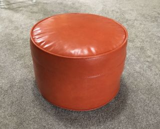 Vtg 1970s Mid Century Modern Orange Vinyl Round Floor Ottoman Footstool Seat