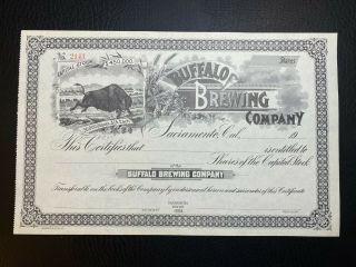 1900 Buffalo Brewing Company Stock Certificate Sacramento,  Ca 1898 - 1945