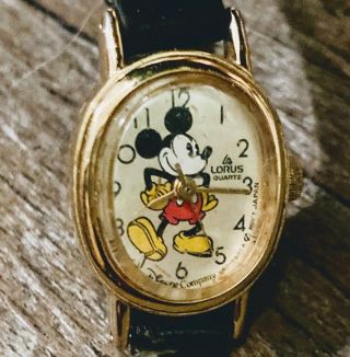 Vintage Lorus; Walt Disney Co.  Mickey Mouse Ladies Watch With Black Leather Band