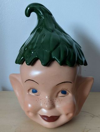 Vintage Elf Cookie Jar Ceramic Pixie Head Green Leaf Hat Pottery Signed Eve 1958