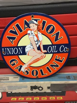 Vintage Union Oil Company Aviation Gasoline Metal Porcelain Pump Plate Sign