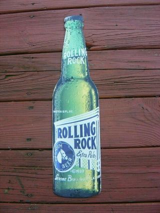 Vintage Rolling Rock Beer Metal Tin Bar Sign Bottle Display 21 " Tall Latrobe Pa