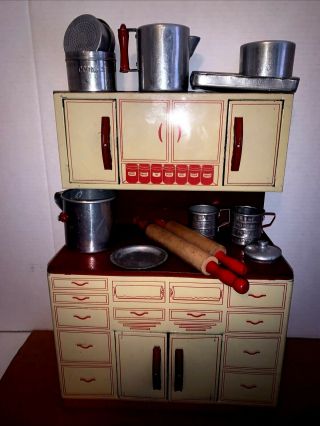Vintage Tin Kitchen 1950s Wolverine Cabinet Hutch With Dishes Baking Tin Toys