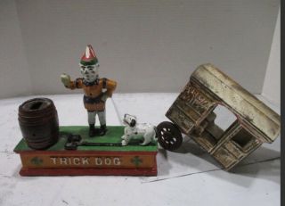 Antique Vintage Cast Iron Mechanical Trick Dog & Wagon Money Box Bank