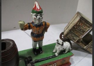 Antique Vintage Cast Iron Mechanical Trick Dog & Wagon Money Box Bank 2