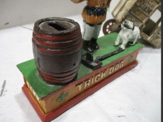 Antique Vintage Cast Iron Mechanical Trick Dog & Wagon Money Box Bank 3
