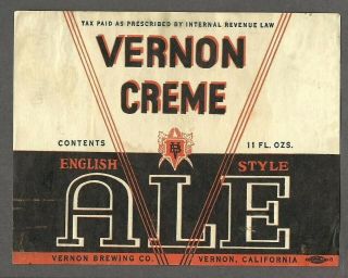 Vernon Creme Ale Beer Label,  Irtp,  Vernon Brewing Co. ,  Vernon,  Ca