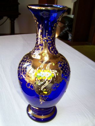 Vintage Bohemian Czech 12 " Cobalt Blue Art Glass Vase Applied Enamel Flower Gilt