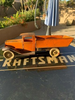 Vintage Wyandotte Toy Stake Dump Truck Orange Pressed Steel With Wood Wheels