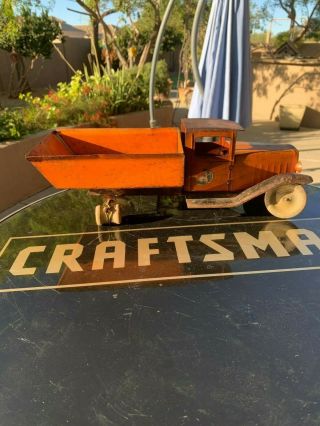Vintage Wyandotte Toy Stake dump Truck Orange Pressed Steel with Wood Wheels 2