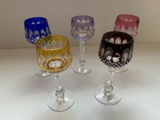 Vtg German Bohemian Lead Crystal Cordial Glasses Set Of 5 Cut To Clear 1970 