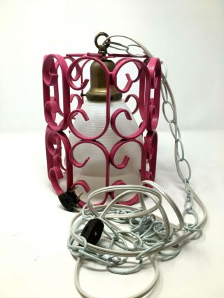 Vintage Wrought Iron Pink Hanging Light Chain Reconditioned Kitschy Cute Lamp