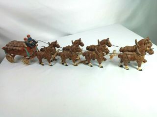 Vtg Cast Iron Metal Horse Drawn Cart Wagon Toy 8 Horses 2 Figures Dog & Barrels