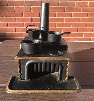 Antique Cast Iron Stove Toy Salesman Sample Set Black Gold Pots Stovepipe Coal