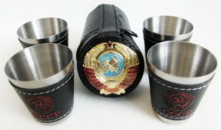 Russian Vodka Shot Glasses Set 4x25 Ml Cover Case Ussr Coat Of Arms Metal Badge