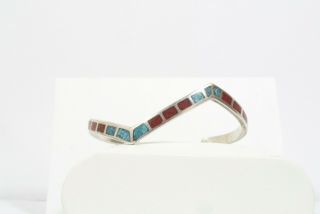 Vintage Old Pawn Navajo Sterling Silver Chip Inlay Turquoise Coral