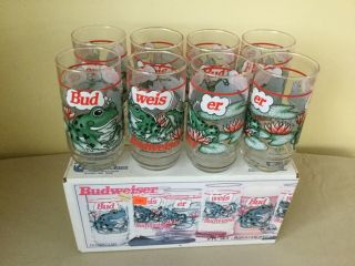 Set Of 8 Budweiser Indiana Glass Frog Drinking Glasses