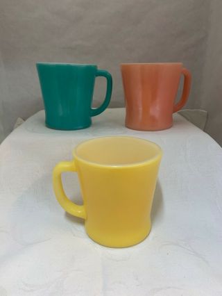 3 Vintage Fire King D Handle Mugs Cups Pink Yellow & Aqua Good Pre Owned Conditi